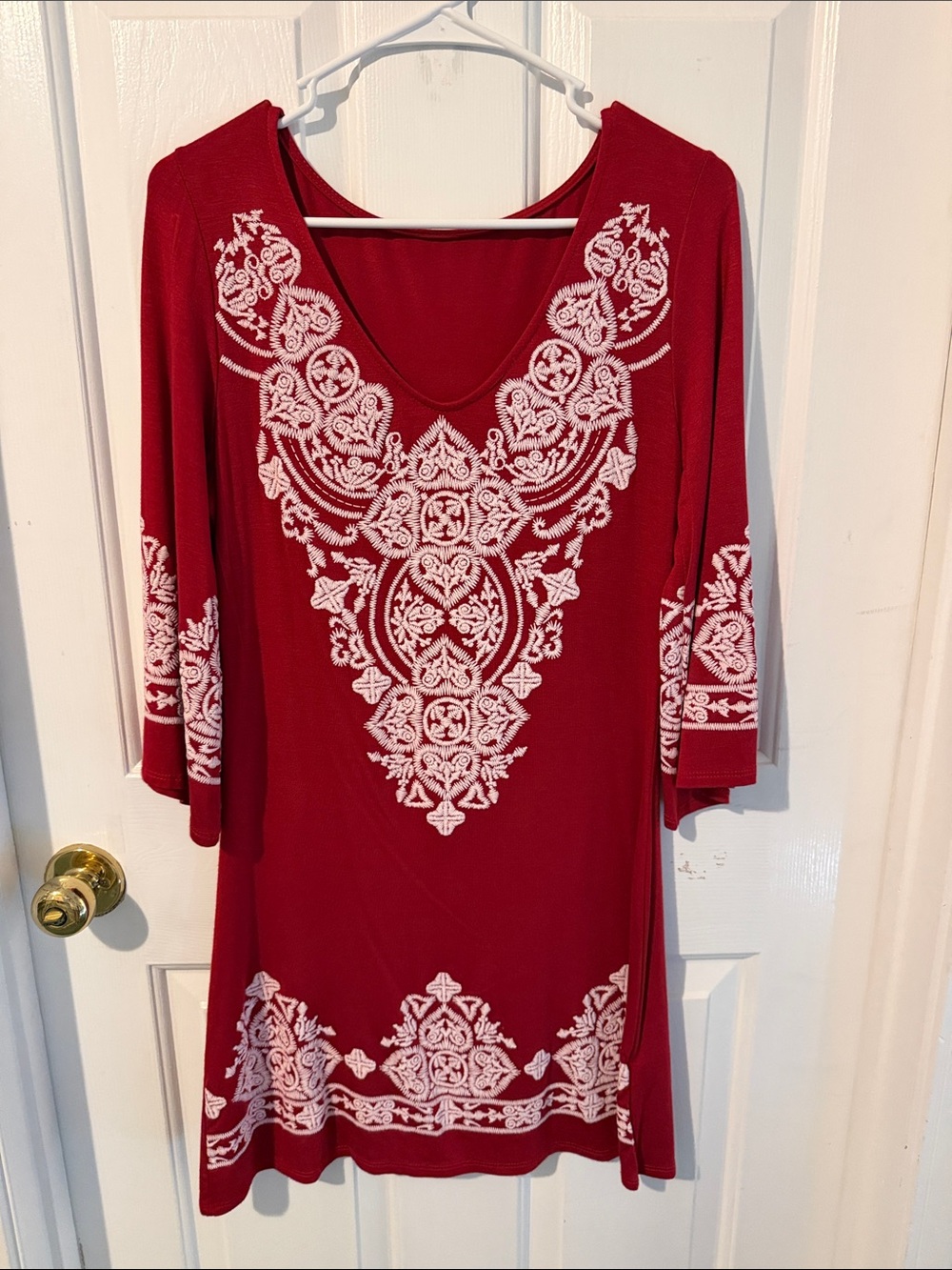Red Embroidered V-Neck Women’s Tunic Top